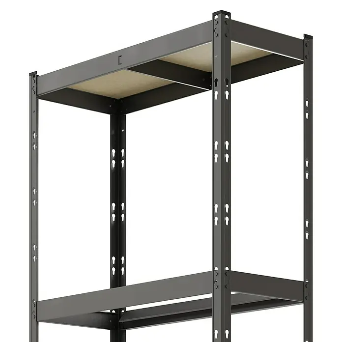 Regalux Metallregal - H x B x T: 180 x 93 x 40 cm, Traglast pro Boden: 175 kg, Anzahl Böden: 5 Stk., Stecken - Dunkelgraues Metall-Lagerregal mit zwei hellen Holzablagen, aus niedriger Perspektive.