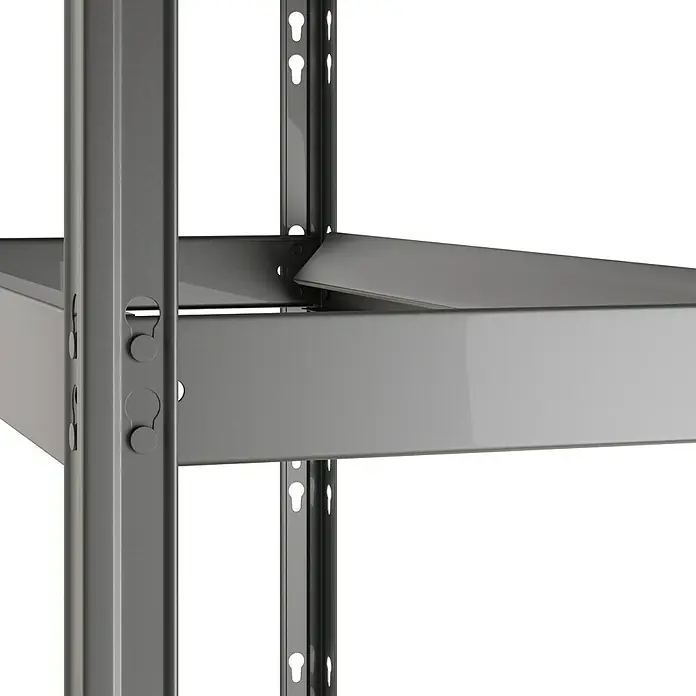 Regalux Metallregal - H x B x T: 180 x 93 x 40 cm, Traglast pro Boden: 175 kg, Anzahl Böden: 5 Stk., Stecken - Graues Metallregal, Detail von Rahmenteilen, Regal und Schlüssellochverbindungen.