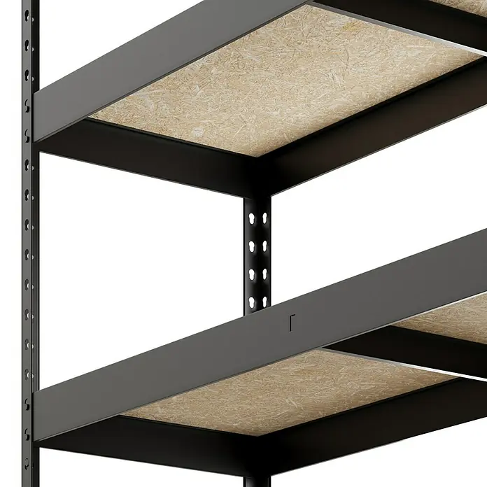 Regalux Schwerlastregal - H x B x T: 180 x 160 x 60 cm, Traglast pro Boden: 280 kg, Anzahl Böden: 4 Stk., Stecken, Schwarz - Schwarzes Metallregal mit hellbraunen OSB-Böden, robustes Industriedesign.
