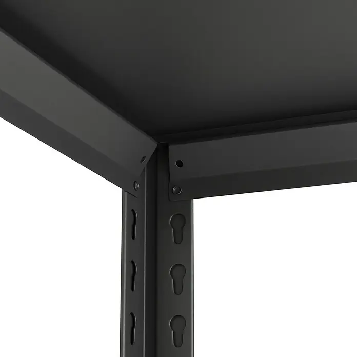 Regalux Metallregal Style M - H x B x T: 175 x 120 x 45 cm, Traglast pro Boden: 150 kg, Anzahl Böden: 5 Stk., Stecken, Schwarz - Schwarze Metallecke eines Regals mit Schlüssellochschlitzen.