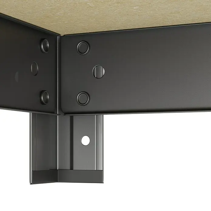 Regalux Metallregal - H x B x T: 180 x 93 x 40 cm, Traglast pro Boden: 175 kg, Anzahl Böden: 5 Stk., Stecken - Dunkelgraue Metalleckverbindung mit Schrauben an einer hellbraunen Holzplatte, mit vertikaler Stütze darunter.