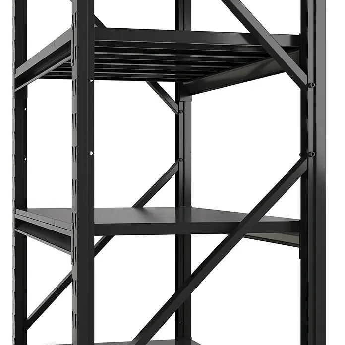 Regalux Metallregal Heavy Duty - H x B x T: 183 x 120 x 60 cm, Traglast pro Boden: 600 kg, Anzahl Böden: 4 Stk., Stecken, Schwarz - Schwarzes Metall-Industrieregal mit mehreren Ablagen und Stützträgern.