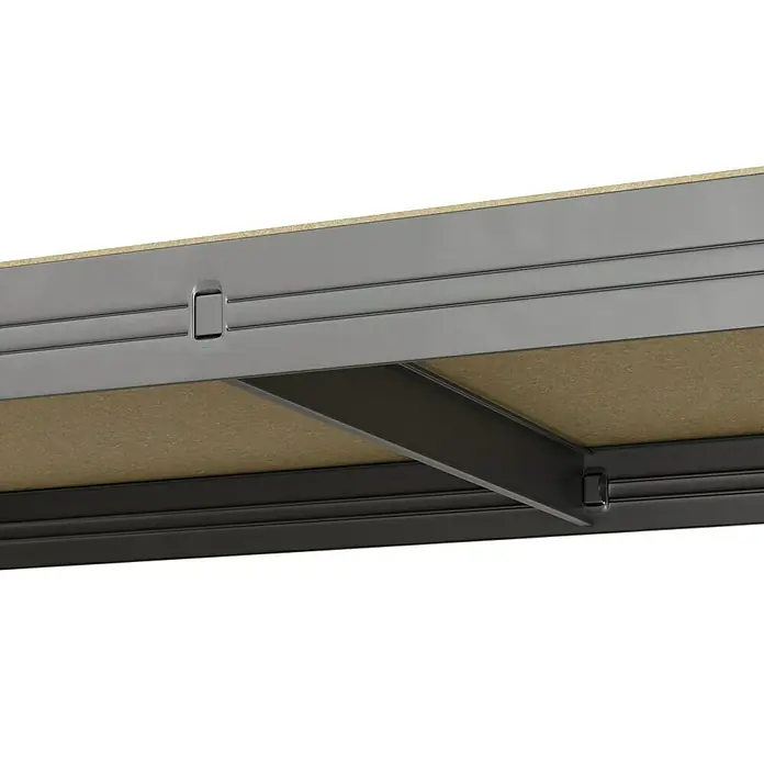 Regalux Getränkekistenregal - H x B x T: 133 x 70 x 32,5 cm, Traglast pro Boden: 50 kg, Anzahl Böden: 1 Stk., Stecken, Anthrazit - Unterseite eines hellbraunen Spanplattenregals auf dunkelgrauem Metallrahmen mit grauen Verbindern.