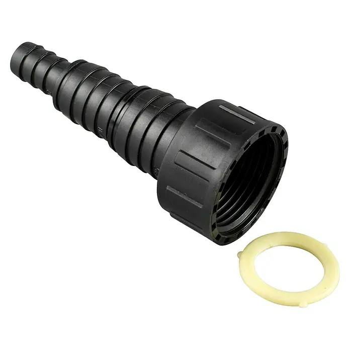 Schlauchtülle - 1 1/4" x 25/18/12 mm - Schwarzer Stufenschlauchanschluss mit Innengewinde und separatem gelben Dichtungsring.