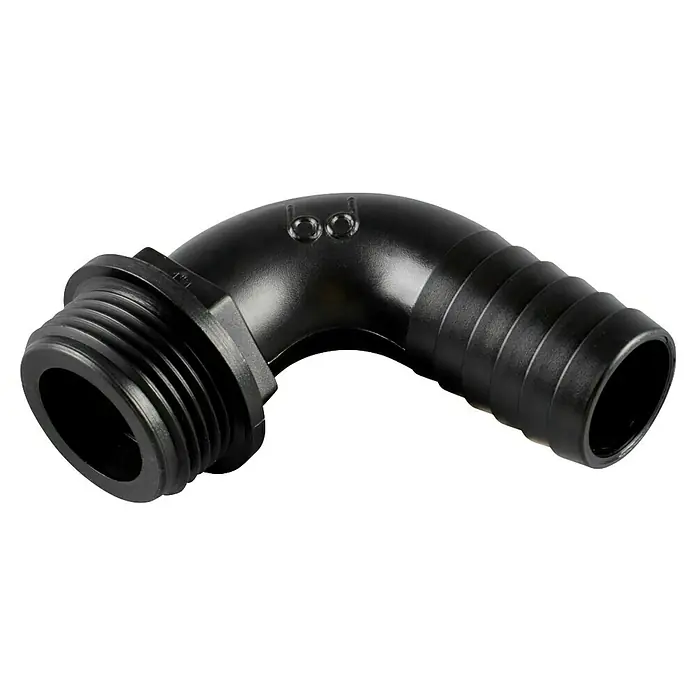 Schlauchtülle 90° Winkel - 1 1/4", Tülle 32 mm - Schwarzer 90-Grad-Kunststoff-Winkelverbinder mit Außengewinde und Schlauchanschluss.