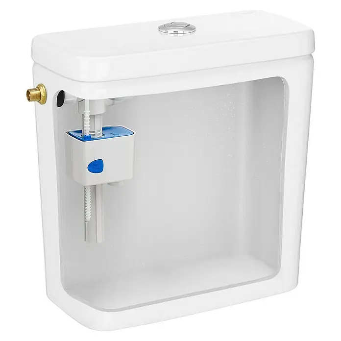 Roca Mecanismo de cisterna de WC A8I - Tipo de conexión: Lateral - Cisterna de inodoro blanca, vista en corte que muestra mecanismos internos de llenado y descarga, con entrada de latón.