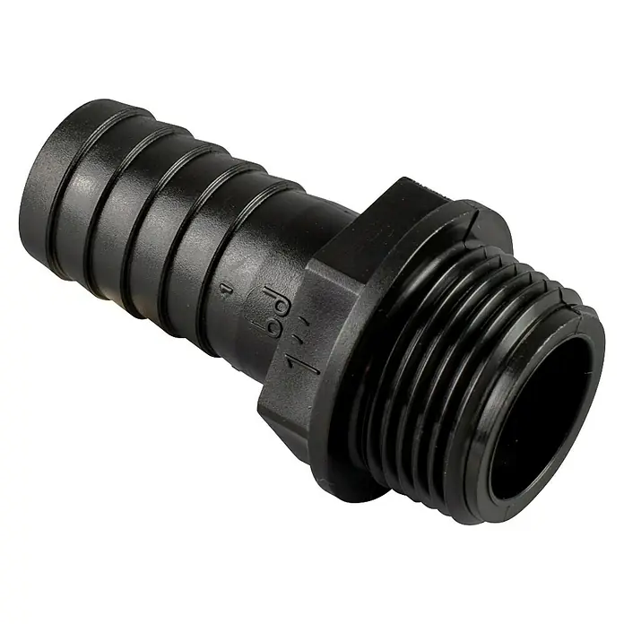 Schlauchtülle - 3/4" x 19 mm - Schwarze Kunststoff-Schlauchtülle mit geriffeltem Anschluss und Außengewinde.