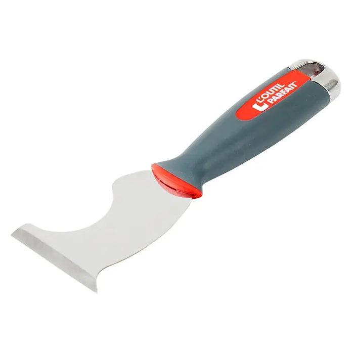 Espátula multifunción Aluchoc - Ancho de hoja: 7 cm - Rasqueta L'OUTIL PARFAIT gris y roja con hoja de metal curva.