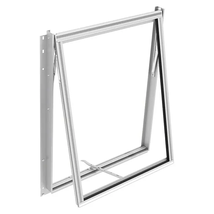 Vitavia Gewächshaus-Fensterrahmen Z - Aluminium - Hellgrauer Metallkellerfensterrahmen, leicht geöffnet, zeigt seine robuste Konstruktion und den Öffnungsmechanismus.