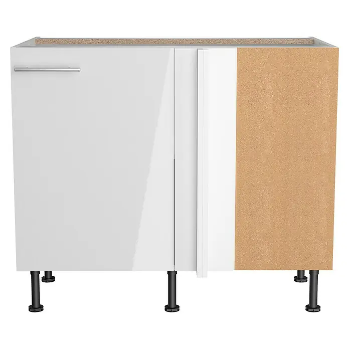Optifit Küchen-Eck-Unterschrank Optikomfort Rurik986 - L x B x H: 58,4 x 100 x 87 cm, Glanz Lack Weiß - Weißer Hochglanz-Küchenunterschrank mit silbernem Griff und unbehandelter Spanplattenseite. Verstellbare schwarze Füße.