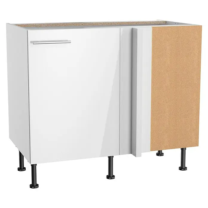 Optifit Küchen-Eck-Unterschrank Optikomfort Rurik986 - L x B x H: 58,4 x 100 x 87 cm, Glanz Lack Weiß - Weißer Küchenunterschrank mit silbernem Griff, schwarzen verstellbaren Füßen und sichtbaren Spanplattenbereichen.