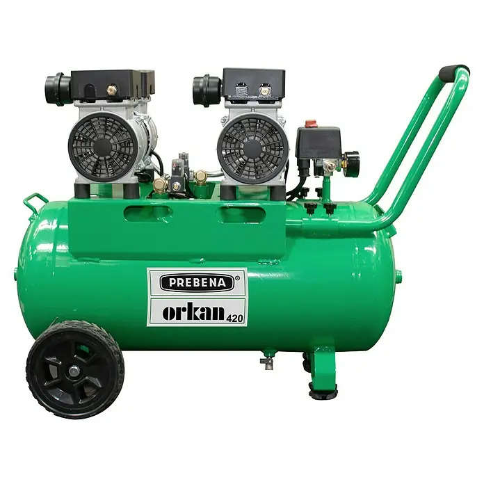 Prebena Kompressor Orkan 420 - 2.200 W, Max. Druck: 10 bar, 50 l, Schmierung: Ohne - Grüner tragbarer Kompressor mit zwei Pumpen, Manometern, Rädern und Griff.