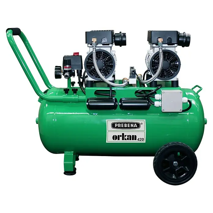 Prebena Kompressor Orkan 420 - 2.200 W, Max. Druck: 10 bar, 50 l, Schmierung: Ohne - Grüner tragbarer Luftkompressor mit zwei Pumpeneinheiten, Rädern und Griff.