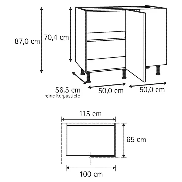 Optifit Eck-Unterschrank Optikomfort Rurik986 - L x B x H: 58,4 x 100 x 87 cm, Glanz Lack Weiß - Skizze von zwei Küchenunterschränken, zeigt Höhe, Breite, Tiefe und Draufsicht einer Oberfläche mit Maßen.