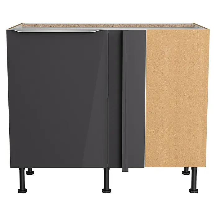 Optifit Eck-Unterschrank Optikomfort Linus984 - L x B x H: 58,4 x 100 x 87 cm, Glanz Lack Anthrazit - Dunkelgrauer Küchenunterschrank mit zwei Hochglanztüren, sichtbarer Spanplattenseite und schwarzen Stellfüßen.