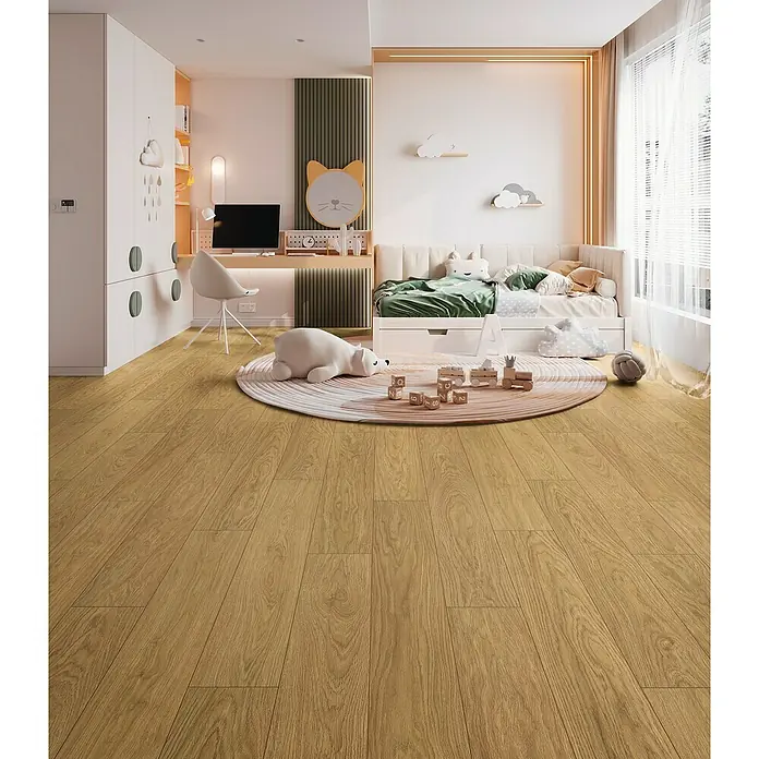 Laminado Fiordaliso - 1.288 x 195 x 7 mm, Marrón, AC4 - Suelo de madera clara en una habitación infantil.