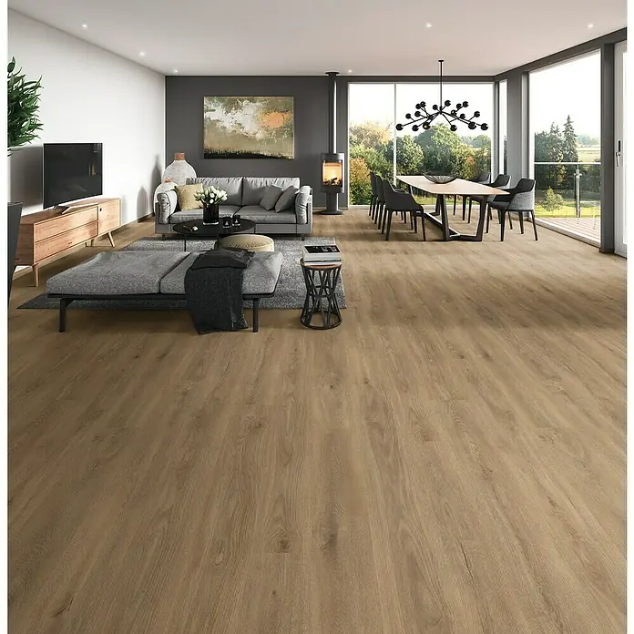 Laminado Cashmere - 1.285 x 192 x 8 mm, Marrón, AC4 - Suelo laminado de madera natural con vetas distintivas en un moderno salón y comedor espacioso.