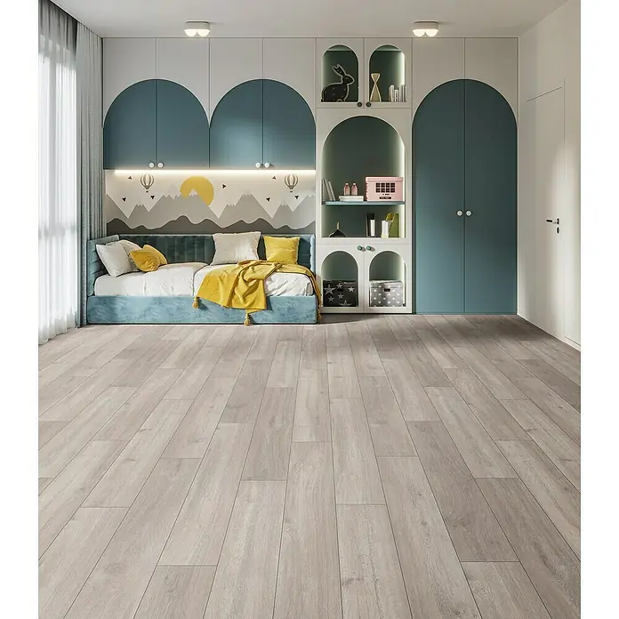 Laminado Rockford - 1.288 x 195 x 8 mm, Gris, AC4 - Suelo de tablones de aspecto madera clara en un dormitorio infantil.