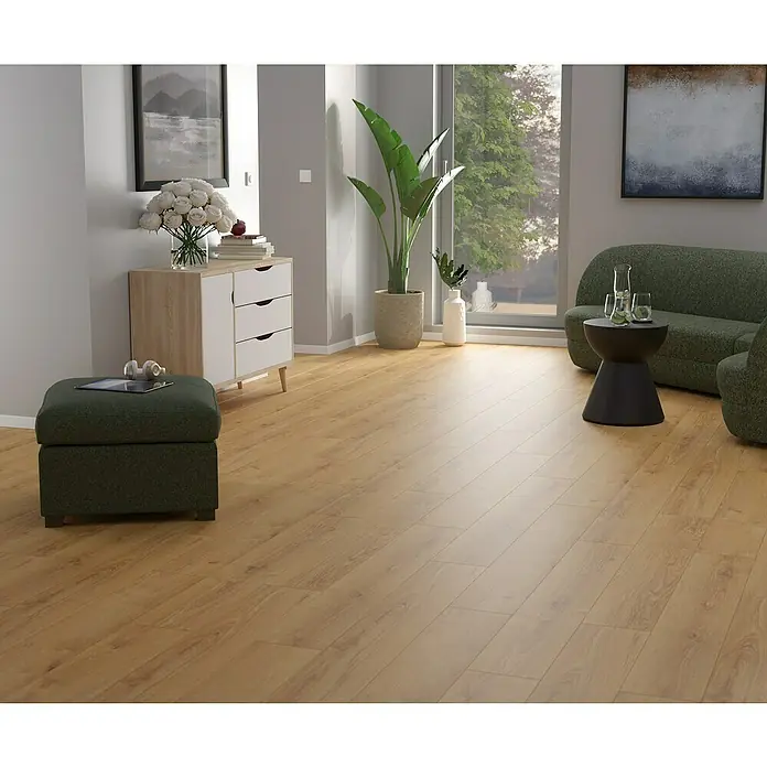 Laminado Camberwick - 1.288 x 195 x 8 mm, Marrón, AC4 - Suelo de lamas de madera clara en un ambiente de sala de estar moderna.