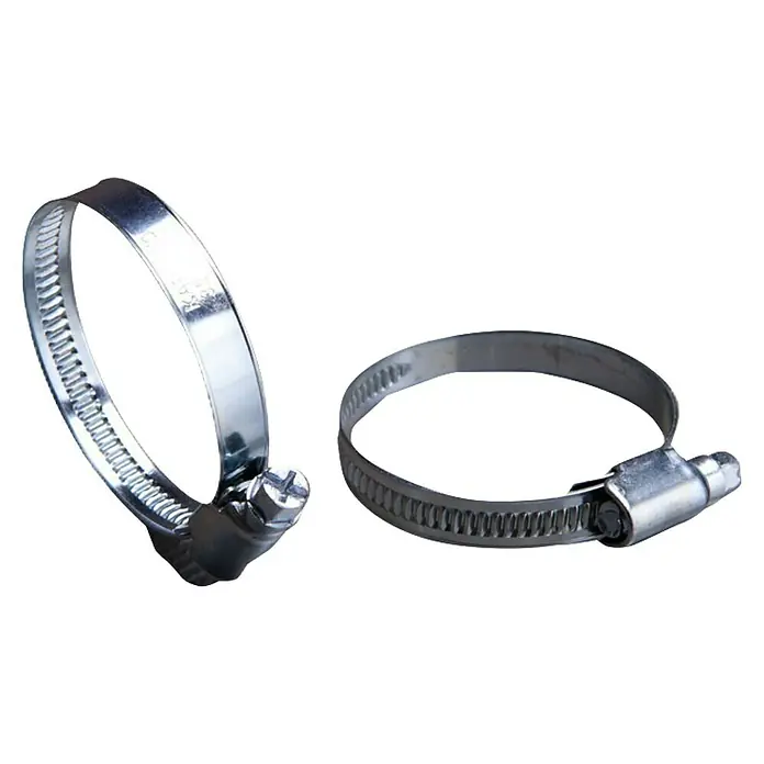 Schlauchklemme - 17 mm - 20 mm, 2 Stk. - Zwei glänzende silberne Metallschlauchschellen mit Schraubmechanismen zum Festziehen.