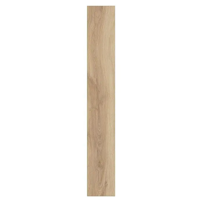 Laminado Biscotti - 1.288 x 195 x 8 mm, Marrón, AC4 - Panel de madera marrón claro con vetas naturales.