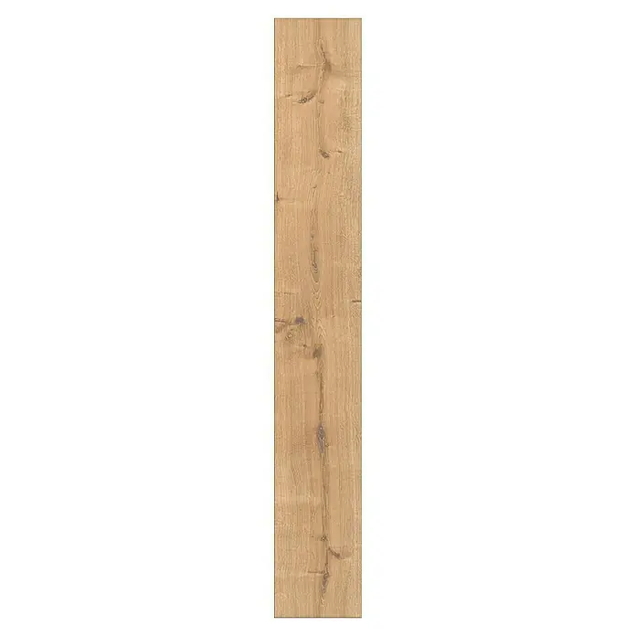 Laminado England - 1.288 x 195 x 8 mm, Marrón, AC4 - Panel de madera vertical marrón claro con veta distintiva y nudos oscuros.