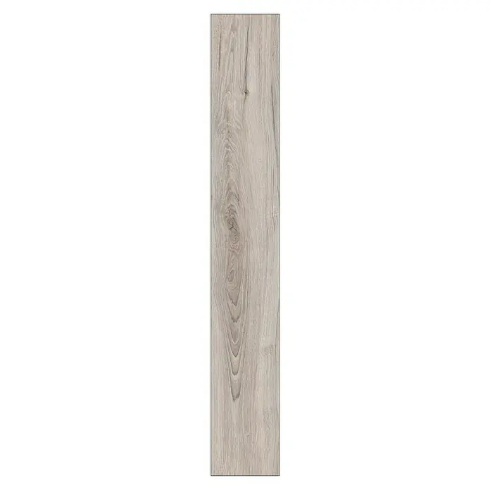 Laminado Longbow - 1.288 x 195 x 8 mm, Gris, AC4 - Tabla efecto madera gris-beige con veta natural y nudo distintivo, ideal para suelos.