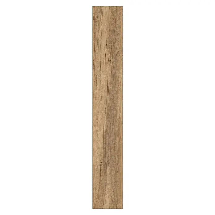 Laminado Armoury - 1.288 x 195 x 8 mm, Marrón, AC4 - Tabla de madera larga de color marrón claro con vetas visibles y nudos naturales, apta para suelos o revestimientos.