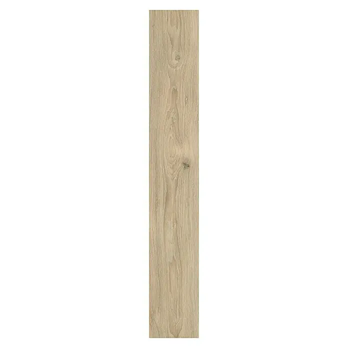 Laminado Pistachio - 1.288 x 195 x 7 mm, Beige, AC3 - Tabla de madera marrón claro con veta y nudos visibles, ideal para suelos o paneles de pared.
