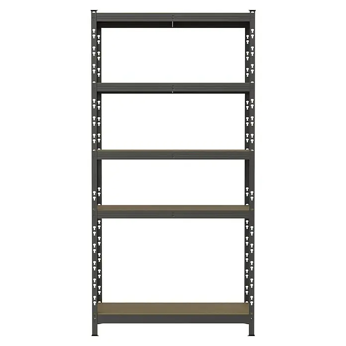 Regalux Metallregal - H x B x T: 180 x 93 x 40 cm, Traglast pro Boden: 175 kg, Anzahl Böden: 5 Stk., Stecken - Dunkelgraues Schwerlastregal aus Metall mit fünf braunen Ablagen.