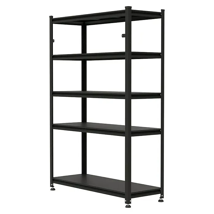 Regalux Metallregal Style M - H x B x T: 175 x 120 x 45 cm, Traglast pro Boden: 150 kg, Anzahl Böden: 5 Stk., Stecken, Schwarz - Schwarzes Metallregal mit fünf verstellbaren Böden zur Aufbewahrung.