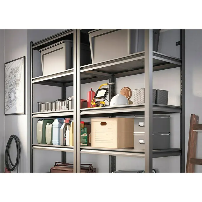 Regalux Metallregal Style S - H x B x T: 175 x 80 x 45 cm, Traglast pro Boden: 100 kg, Anzahl Böden: 5 Stk., Stecken, Schwarz - Stabiles graues Metallregal mit Lagerbehältern, Werkzeugen und Vorräten, ideal für die Garage oder Werkstatt.