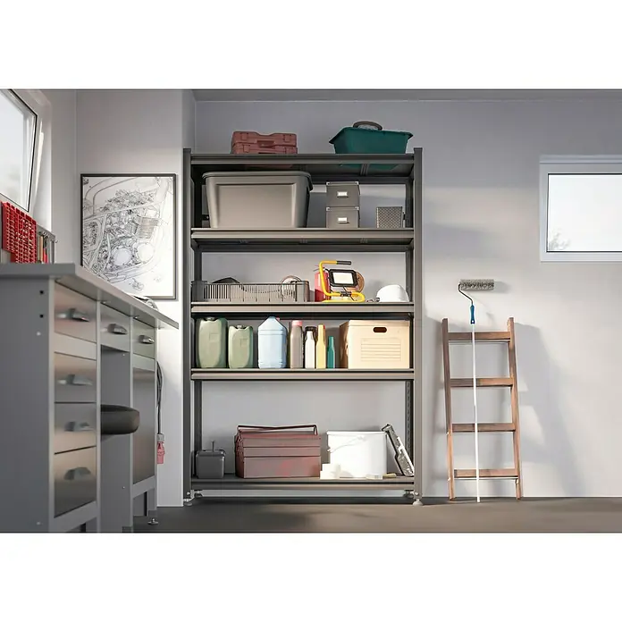 Regalux Metallregal Style M - H x B x T: 175 x 120 x 45 cm, Traglast pro Boden: 150 kg, Anzahl Böden: 5 Stk., Stecken, Schwarz - Graues Metallregal für ordentliche Garagen-/Werkstattlagerung.