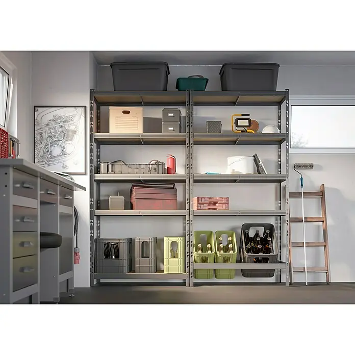 Regalux Metallregal - H x B x T: 180 x 93 x 40 cm, Traglast pro Boden: 175 kg, Anzahl Böden: 5 Stk., Stecken - Graues Metallregal mit Holzregalböden, vielseitig einsetzbar zur Aufbewahrung in einer Garage.