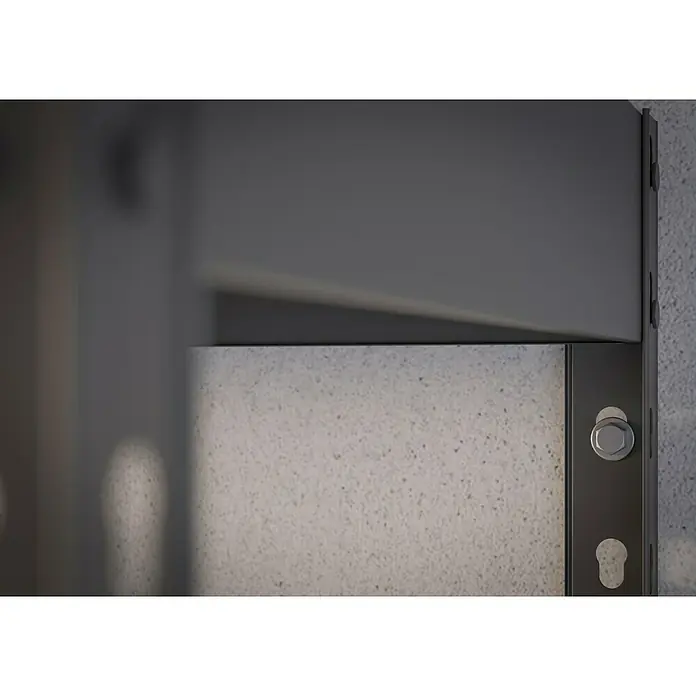 Regalux Schwerlastregal - H x B x T: 180 x 160 x 60 cm, Traglast pro Boden: 280 kg, Anzahl Böden: 4 Stk., Stecken, Schwarz - Nahaufnahme eines dunkelgrauen Metallregalrahmens mit einer Schraube an einem Regal an einer texturierten Wand befestigt.