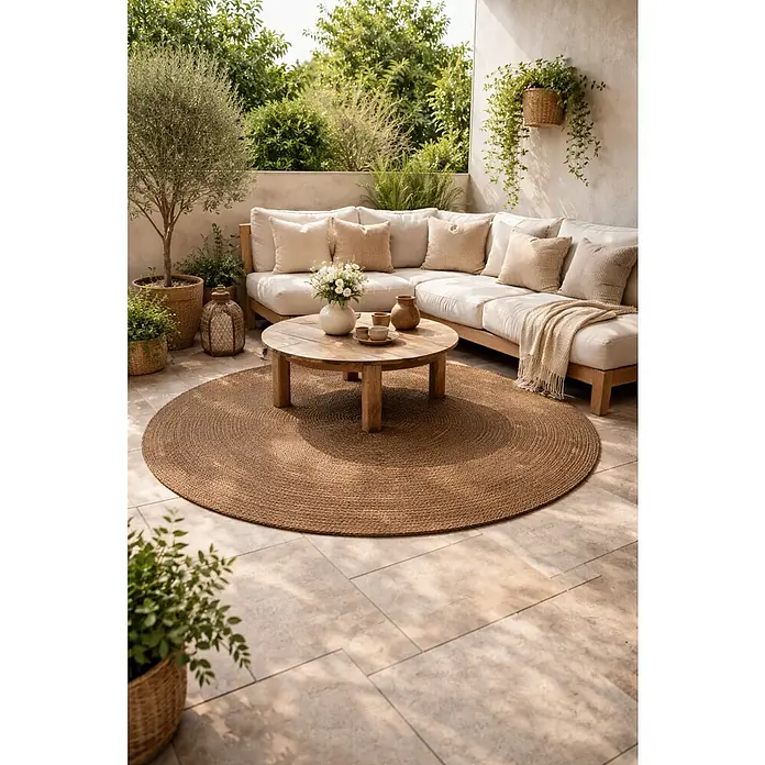Alfombra exterior In/Out Ebro - Marrón, Diámetro: 120 cm, 100% Polietileno - Una alfombra grande, redonda y de yute trenzado natural está colocada en un patio de azulejos bajo una mesa de centro de madera y un sofá exterior.