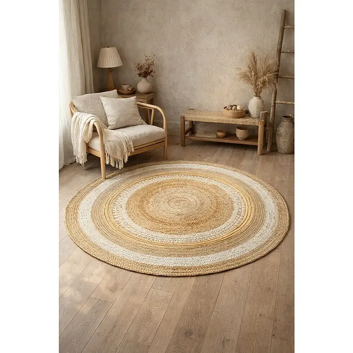Alfombra de yute Marsella - Natural, Diámetro: 120 cm, 100% yute - Alfombra redonda de yute con rayas claras y naturales sobre un suelo de madera en un ambiente acogedor.