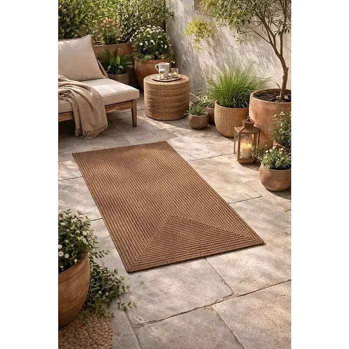 Alfombra exterior In/Out Ebro - Marrón, 110 x 60 cm, 100% Polietileno - Alfombra trenzada marrón en un patio.