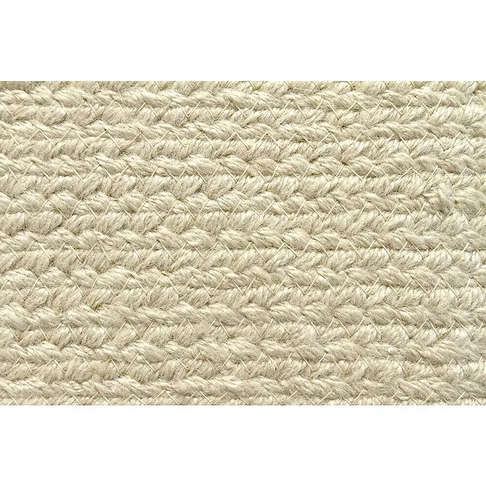 Alfombra exterior In/Out Ebro - Crema, 110 x 60 cm, 100% Polietileno - Primer plano de una textura de alfombra de fibra natural beige claro, densamente trenzada.