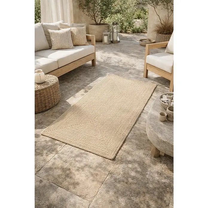 Alfombra exterior In/Out Ebro - Crema, 110 x 60 cm, 100% Polietileno - Alfombra rectangular trenzada beige en un patio soleado.