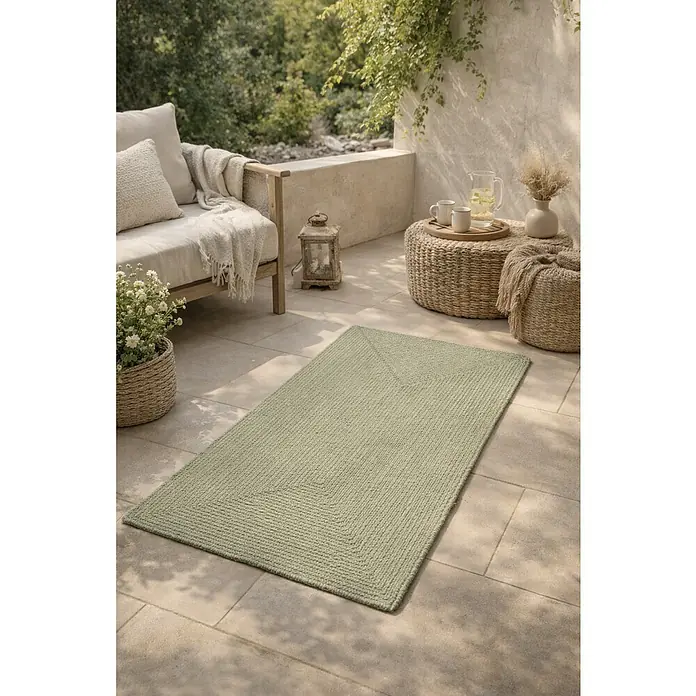 Alfombra exterior In/Out Ebro - Verde, 110 x 60 cm, 100% Polietileno - Alfombra trenzada verde claro para exterior en un patio con muebles de jardín.