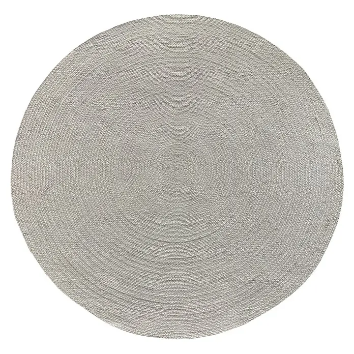 Alfombra exterior In/Out Ebro - Plata, Diámetro: 120 cm, 100% Polietileno - Alfombra redonda trenzada gris claro con patrón en espiral.
