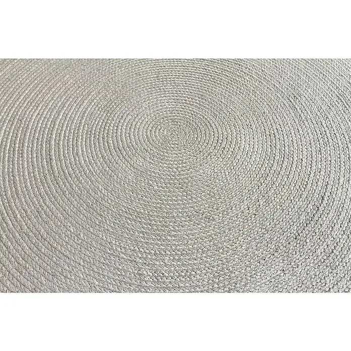 Alfombra exterior In/Out Ebro - Plata, Diámetro: 120 cm, 100% Polietileno - Alfombra circular tejida de color gris claro hecha de cuerda trenzada, con un patrón concéntrico.