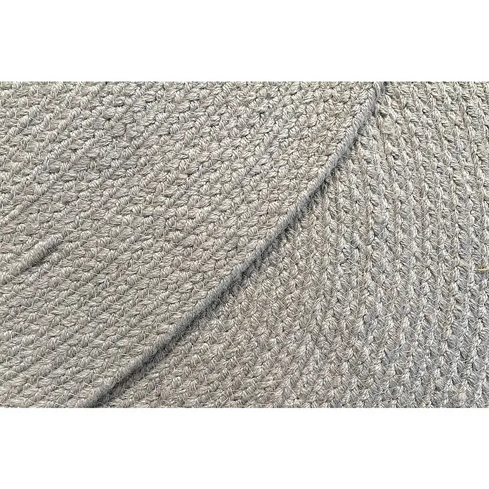 Alfombra exterior In/Out Ebro - Plata, Diámetro: 120 cm, 100% Polietileno - Alfombra trenzada gris claro con textura de tejido y pliegue.