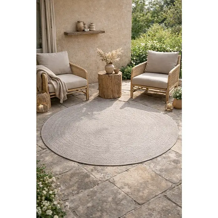 Alfombra exterior In/Out Ebro - Plata, Diámetro: 120 cm, 100% Polietileno - Alfombra exterior redonda trenzada gris claro en un patio, centro de una zona de estar.