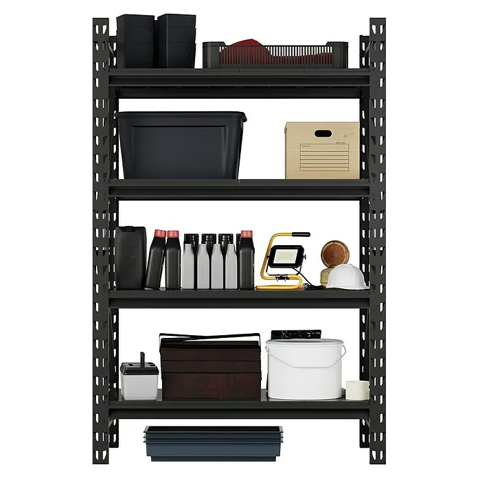 Regalux Metallregal Heavy Duty - H x B x T: 183 x 120 x 60 cm, Traglast pro Boden: 600 kg, Anzahl Böden: 4 Stk., Stecken, Schwarz - Schwarzes Metallregal mit fünf Ablagen, gefüllt mit Lagerboxen, Flaschen, Werkzeugen und anderem Werkstattbedarf.