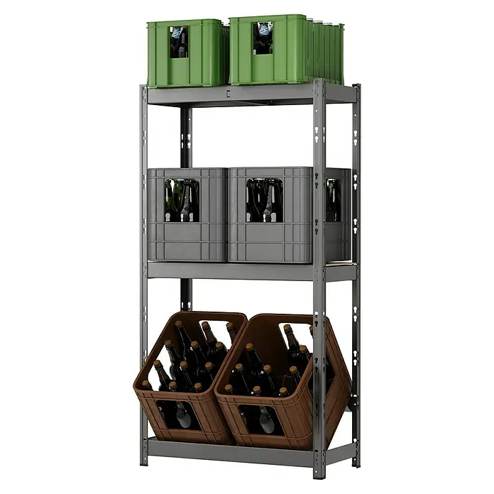 Regalux Getränkekistenregal - H x B x T: 133 x 70 x 32,5 cm, Traglast pro Boden: 50 kg, Anzahl Böden: 1 Stk., Stecken, Anthrazit - Stabiles Metallregal mit drei Ebenen, bestückt mit grünen, grauen und braunen Flaschenkästen.