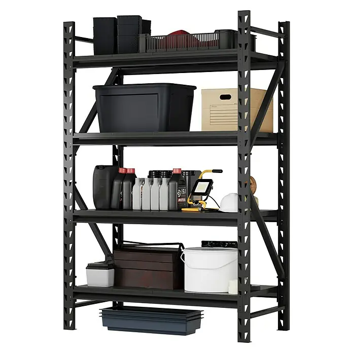 Regalux Metallregal Heavy Duty - H x B x T: 183 x 120 x 60 cm, Traglast pro Boden: 600 kg, Anzahl Böden: 4 Stk., Stecken, Schwarz - Schwarzes Metallregal, voll beladen mit Lagerbehältern, Flüssigkeiten und Werkzeugen.