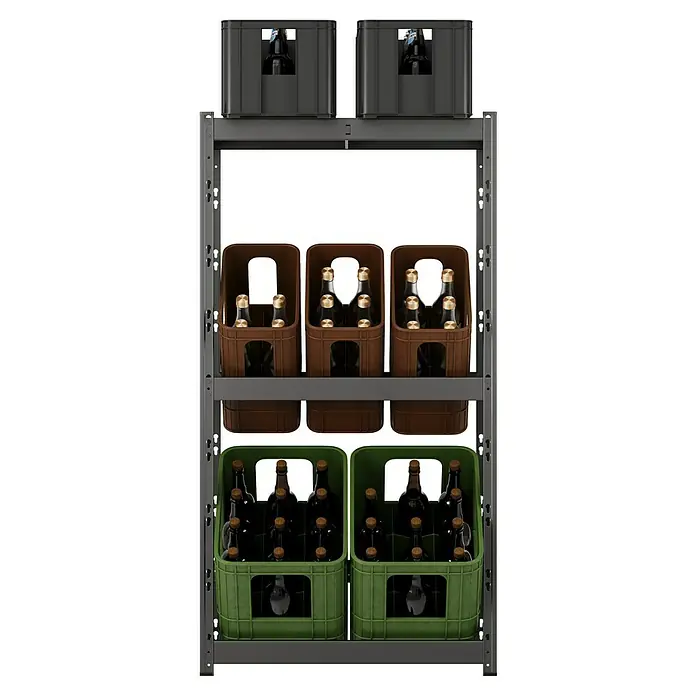 Regalux Getränkekistenregal - H x B x T: 133 x 70 x 32,5 cm, Traglast pro Boden: 50 kg, Anzahl Böden: 1 Stk., Stecken, Anthrazit - Metallregal mit schwarzen, braunen und grünen Flaschenkästen voller dunkler Flaschen.