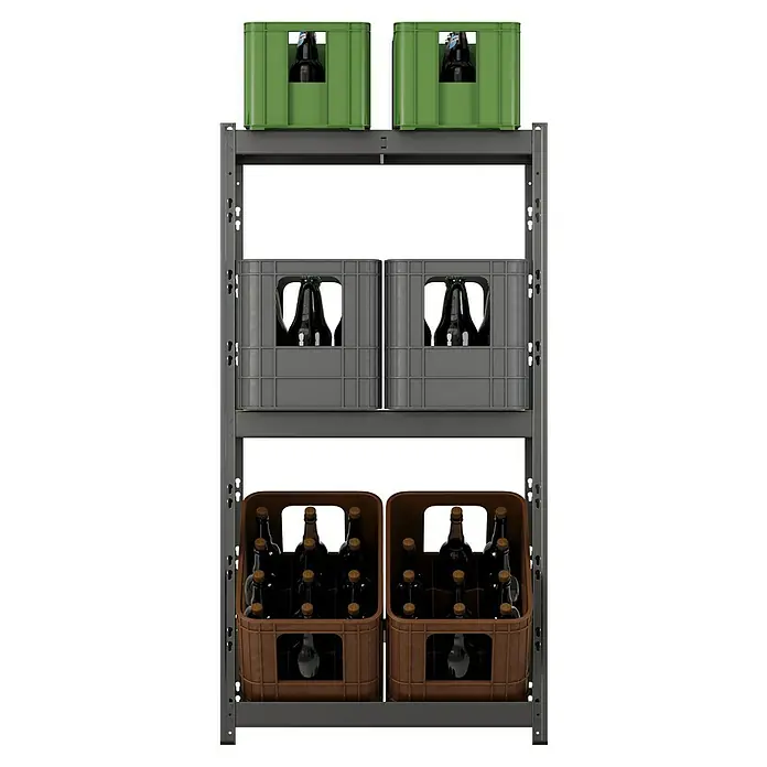 Regalux Getränkekistenregal - H x B x T: 133 x 70 x 32,5 cm, Traglast pro Boden: 50 kg, Anzahl Böden: 1 Stk., Stecken, Anthrazit - Graues Metallregal mit grünen, grauen und braunen Plastikkisten voller dunkler Flaschen.